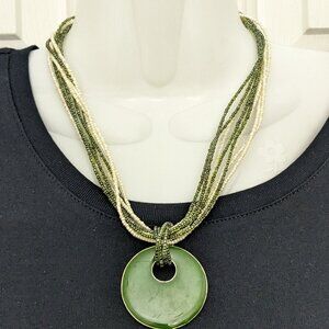 Pretty Necklace Green Large Disc With Multi Strand Microbeads